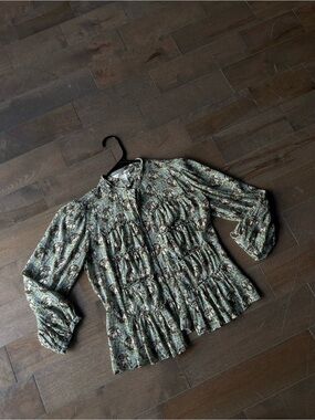 Max Studio Green Paisley Ruffle Button-Up Blouse
